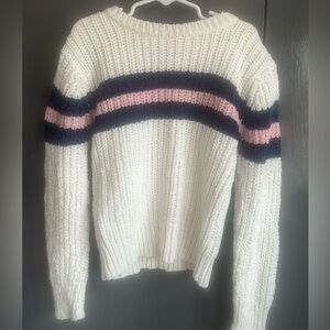 EUC. Girls 7/8. Jones New York Kids. Cream w/Navy, Pink Stripe Chenille Sweater